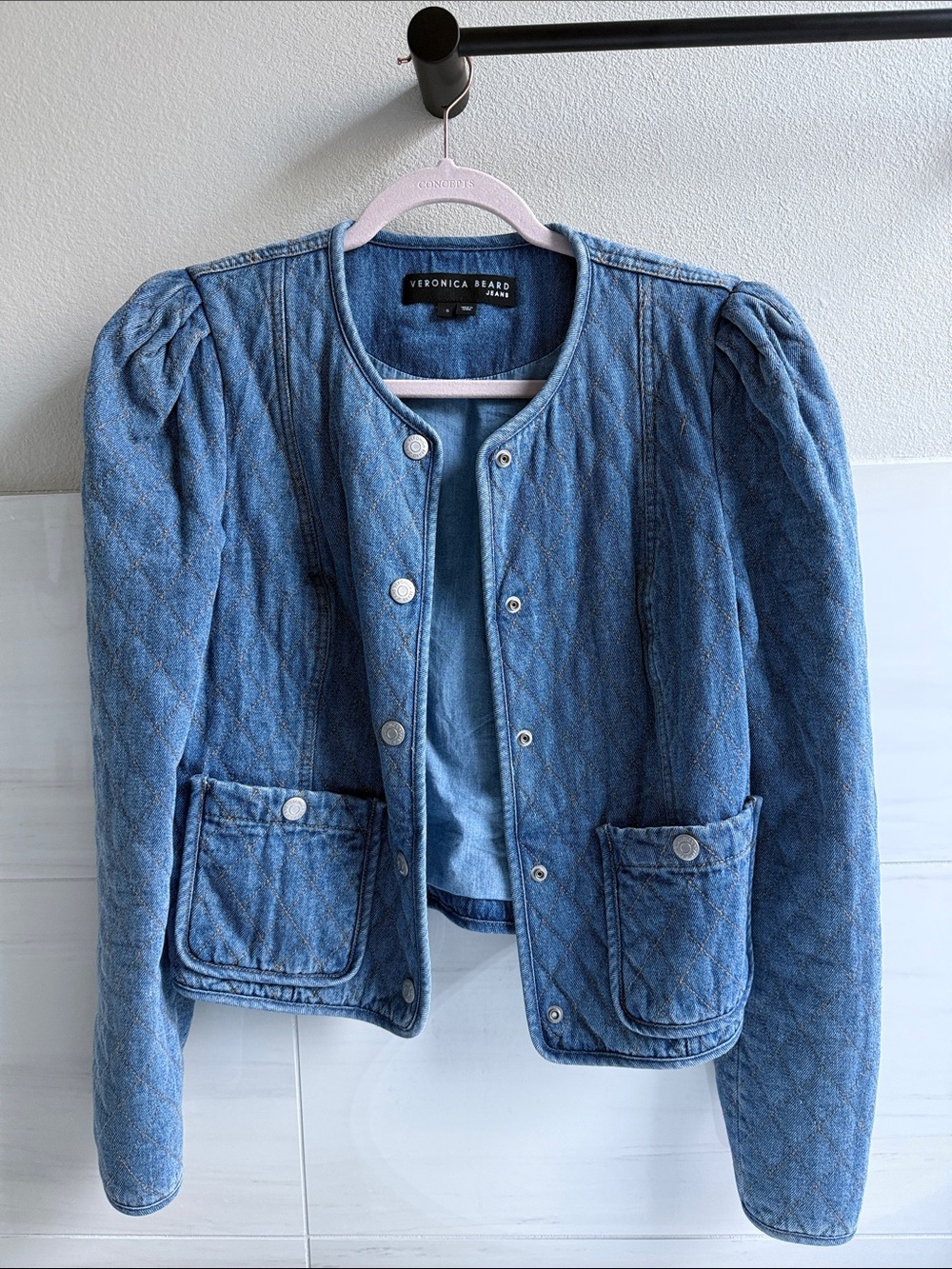 Veronica Beard Quilted Light Blue Denim Jacket with Puffed Shoulders